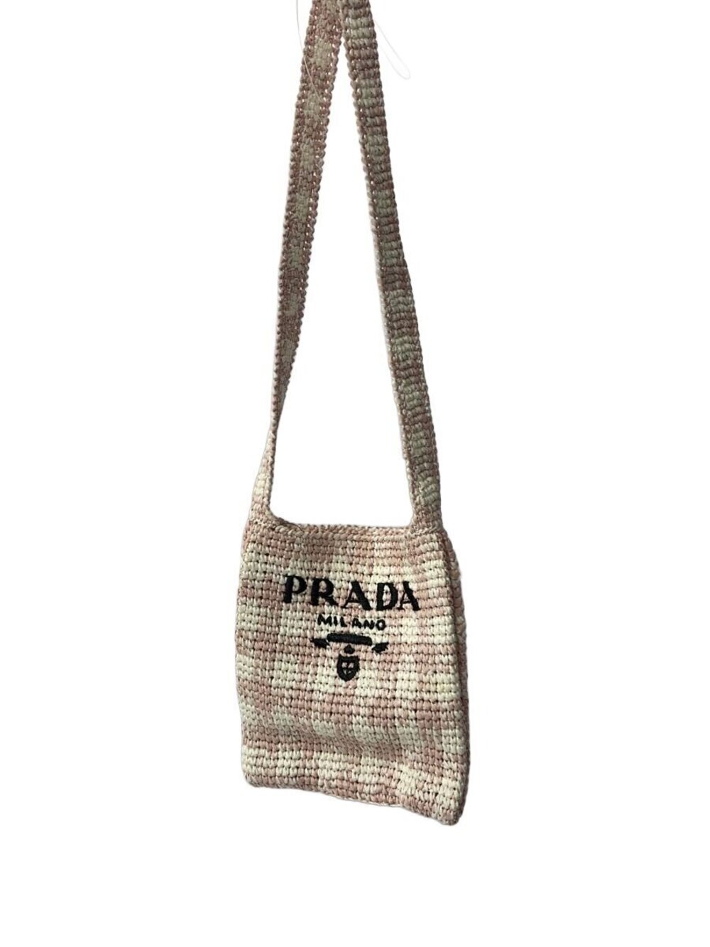 Prada Pink Raffia Crochet Messenger Bag black embroidered logo